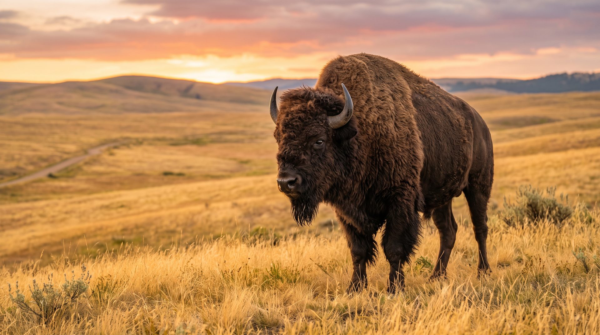 A majestic American bison standing on grassy plains