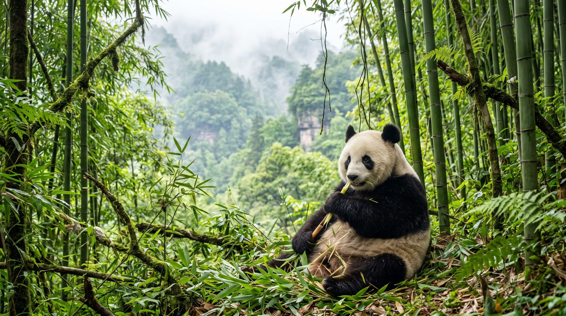 Giant panda sitting in a mountain forest eating bamboo