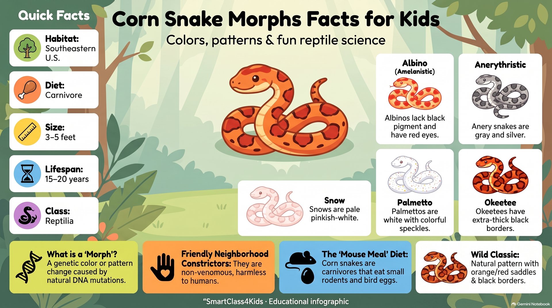 Infographic of corn snake morphs facts for kids showing color morphs and key snake facts