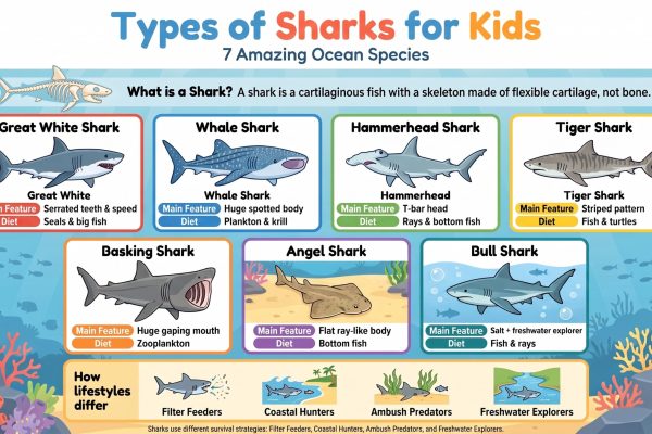 Infographic of seven types of sharks for kids showing features, diets, and lifestyles