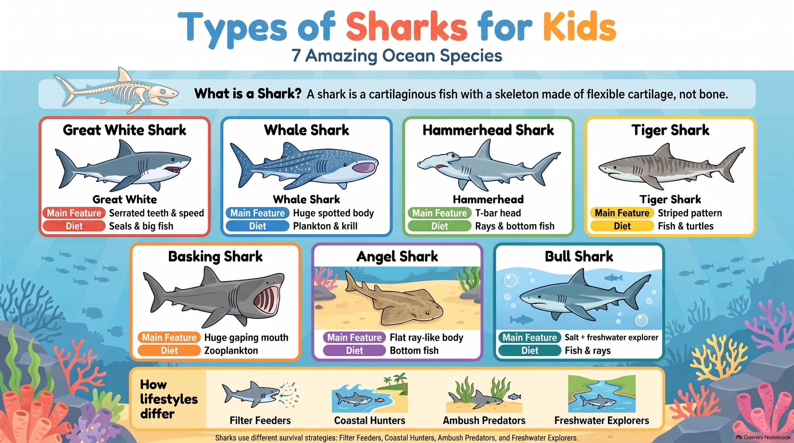 Infographic of seven types of sharks for kids showing features, diets, and lifestyles