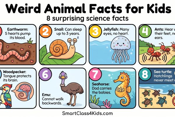 Infographic of weird animal facts for kids showing twelve surprising wildlife discoveries