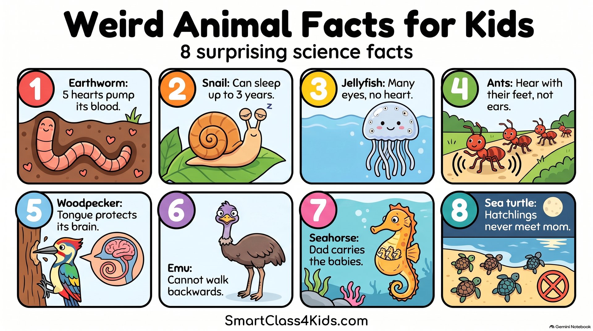 Infographic of weird animal facts for kids showing twelve surprising wildlife discoveries