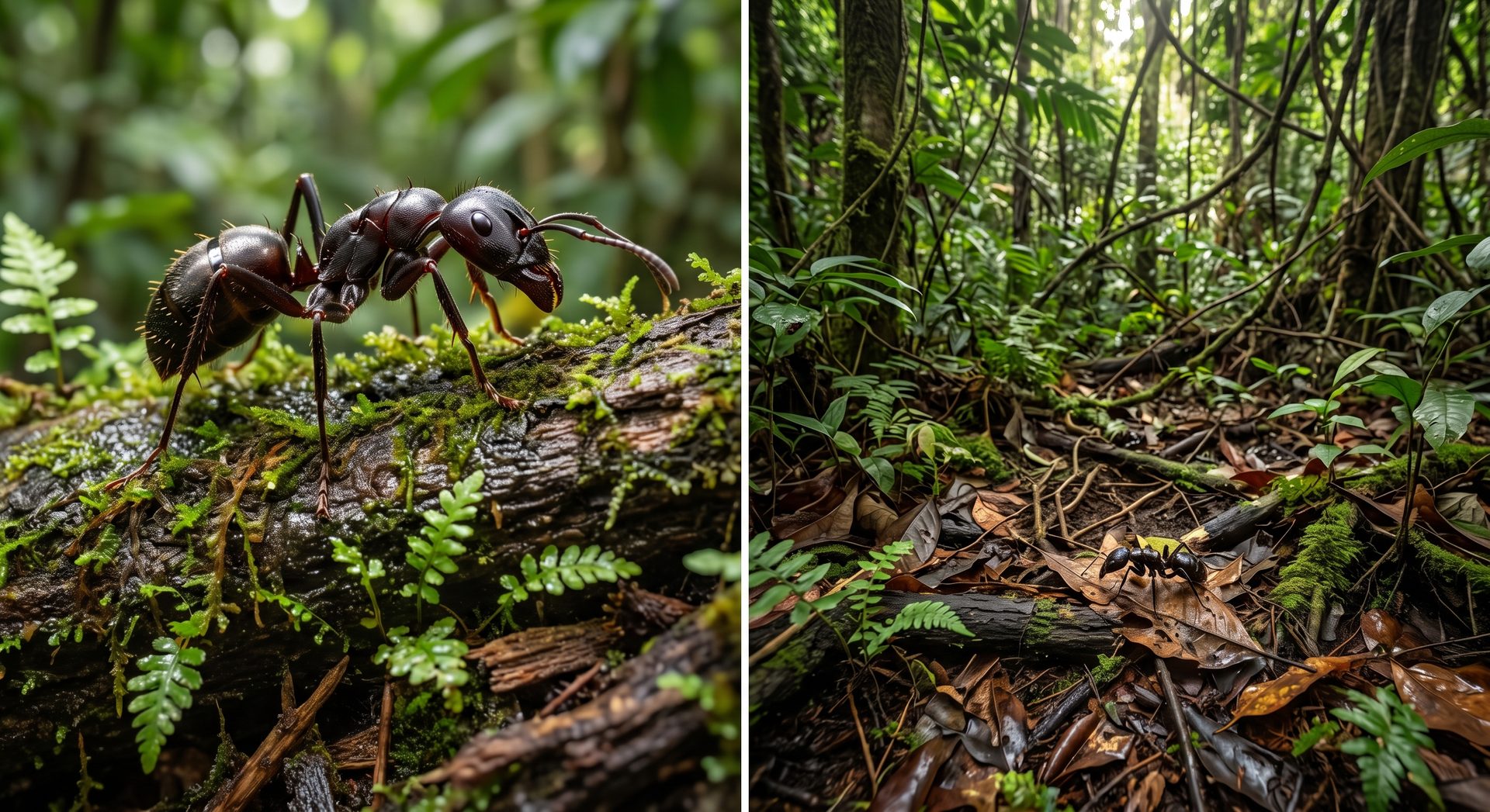 Giant Amazonian Ant crawling on a mossy tropical log