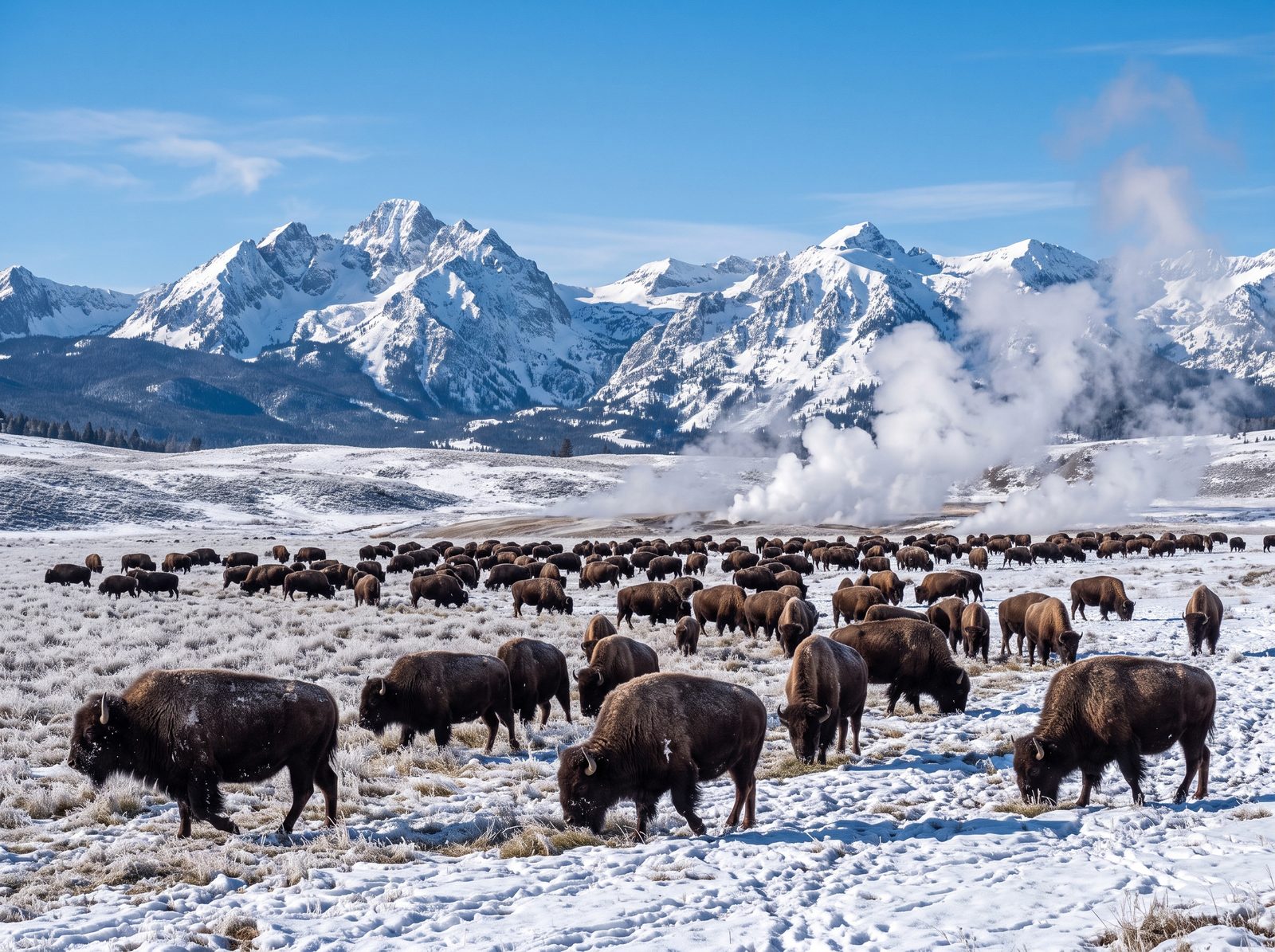A herd of bison grazing near snowy mountains in Yellowstone National Park