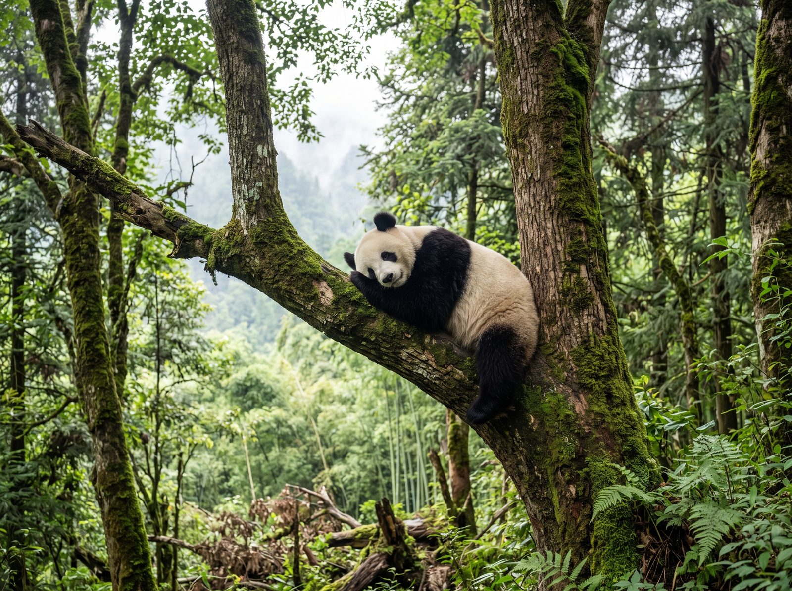 Giant panda resting on a thick tree branch in a mountain forest