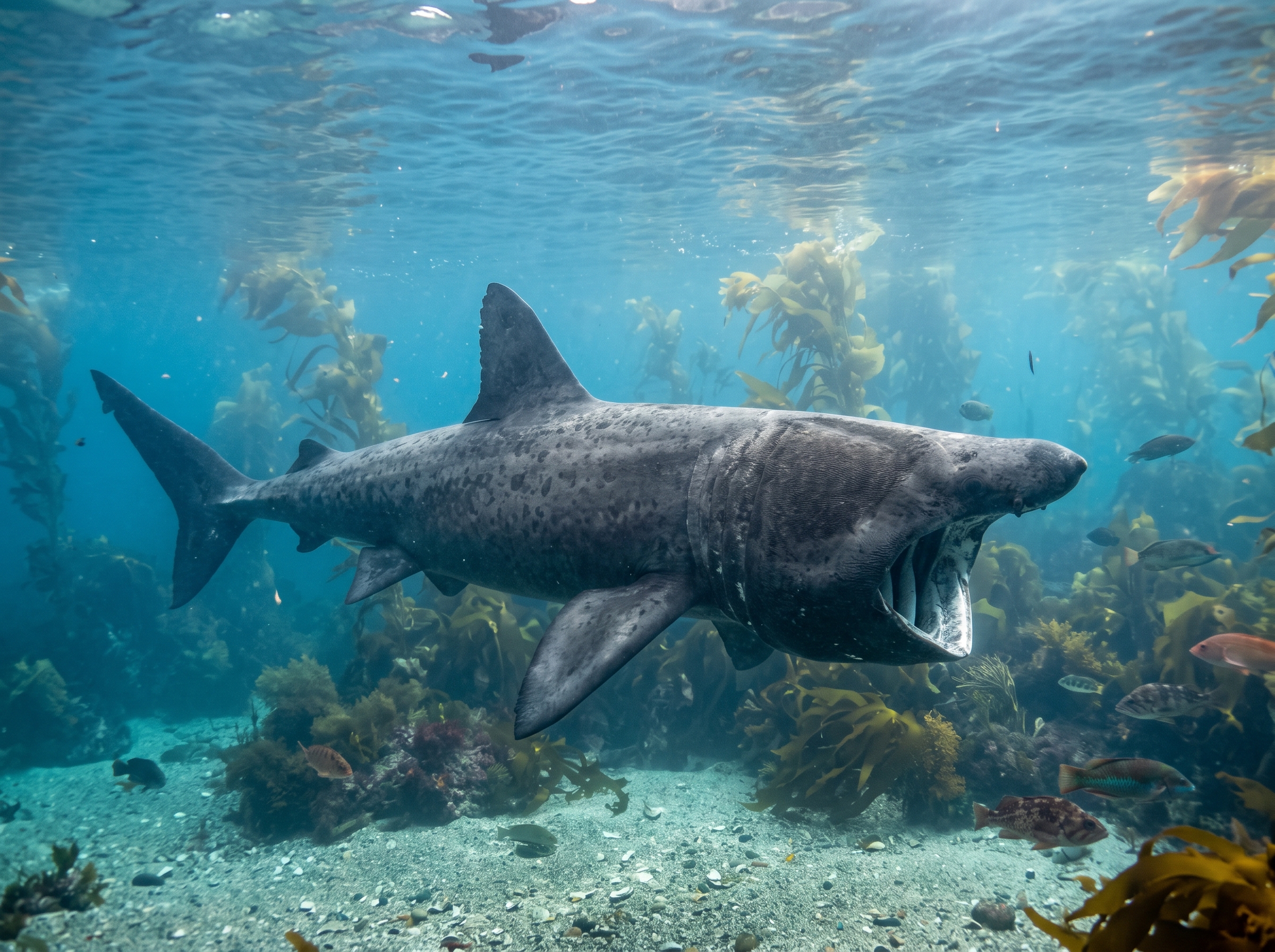 A basking shark swimming peacefully in temperate coastal ocean waters
