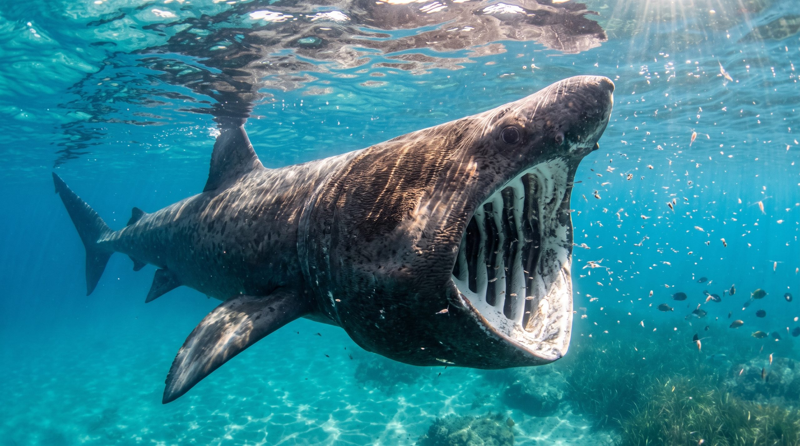 A massive basking shark swimming with its mouth wide open near the water surface