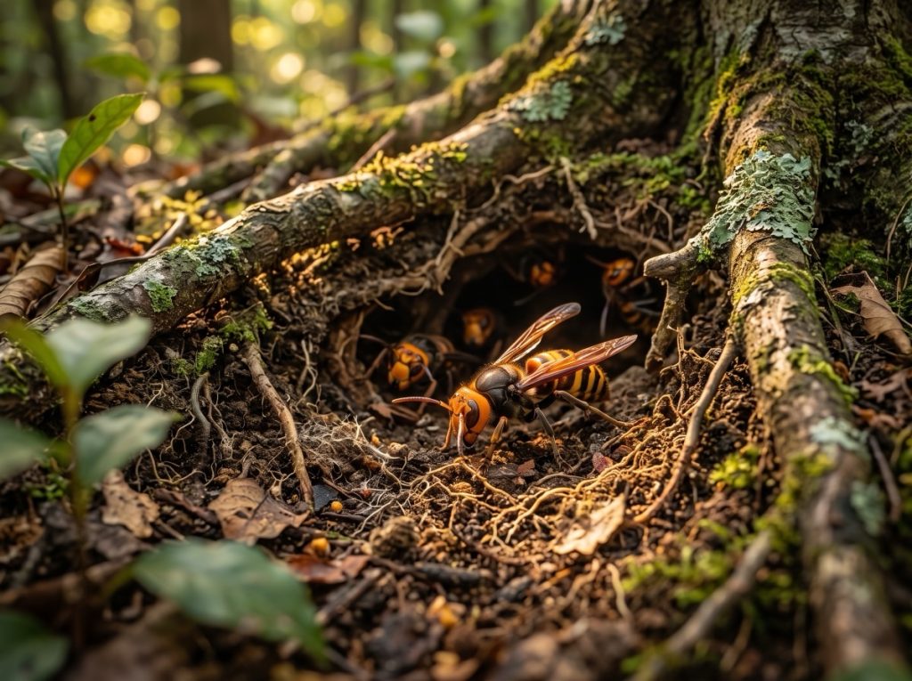 An Asian giant hornet near an underground nest entrance among tree roots in a forest.
