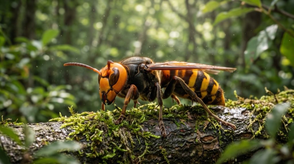 An Asian giant hornet resting on a tree branch showing its large orange head and yellow-striped body.