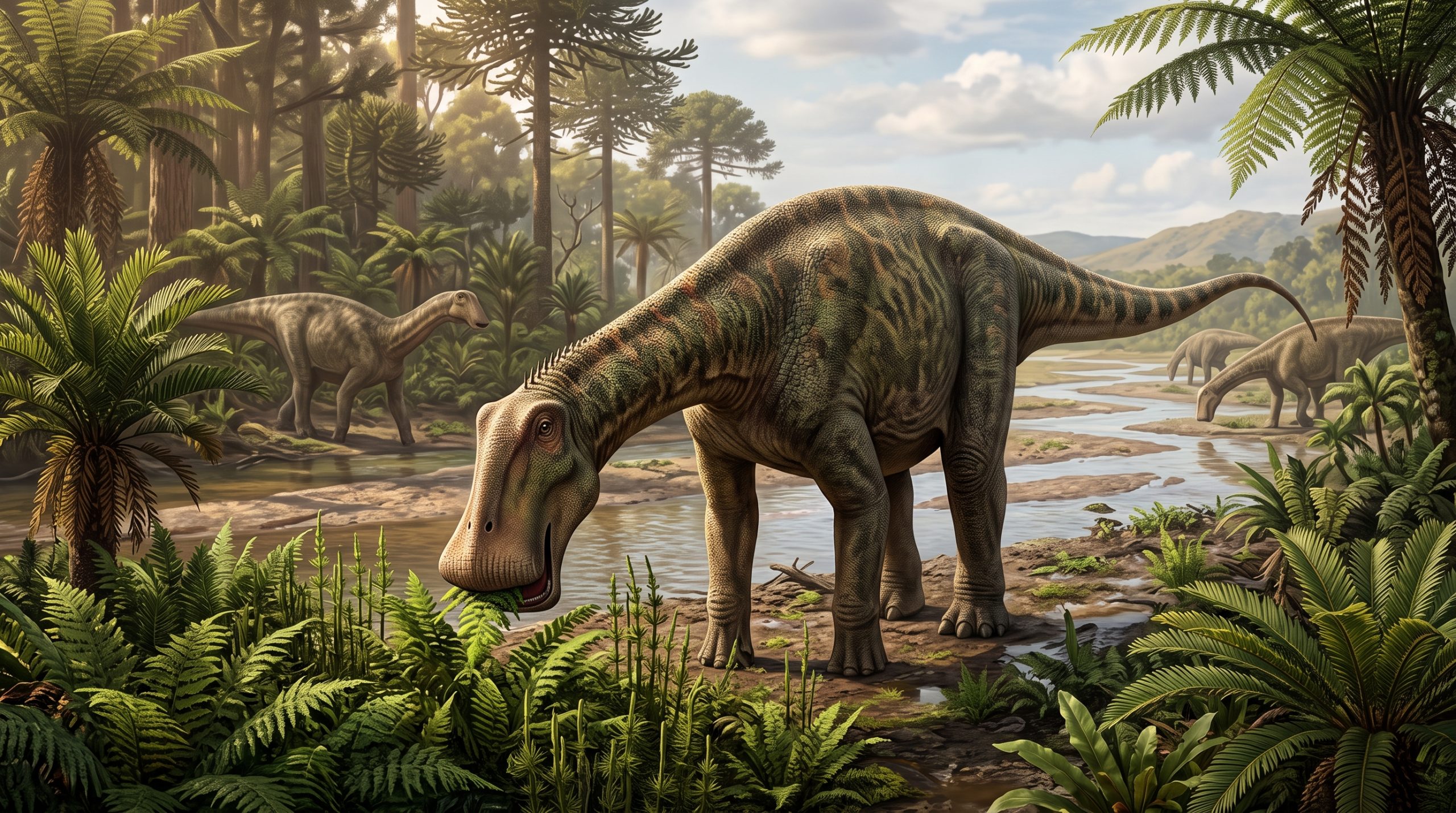 Nigersaurus grazing in a lush Cretaceous riverbed environment