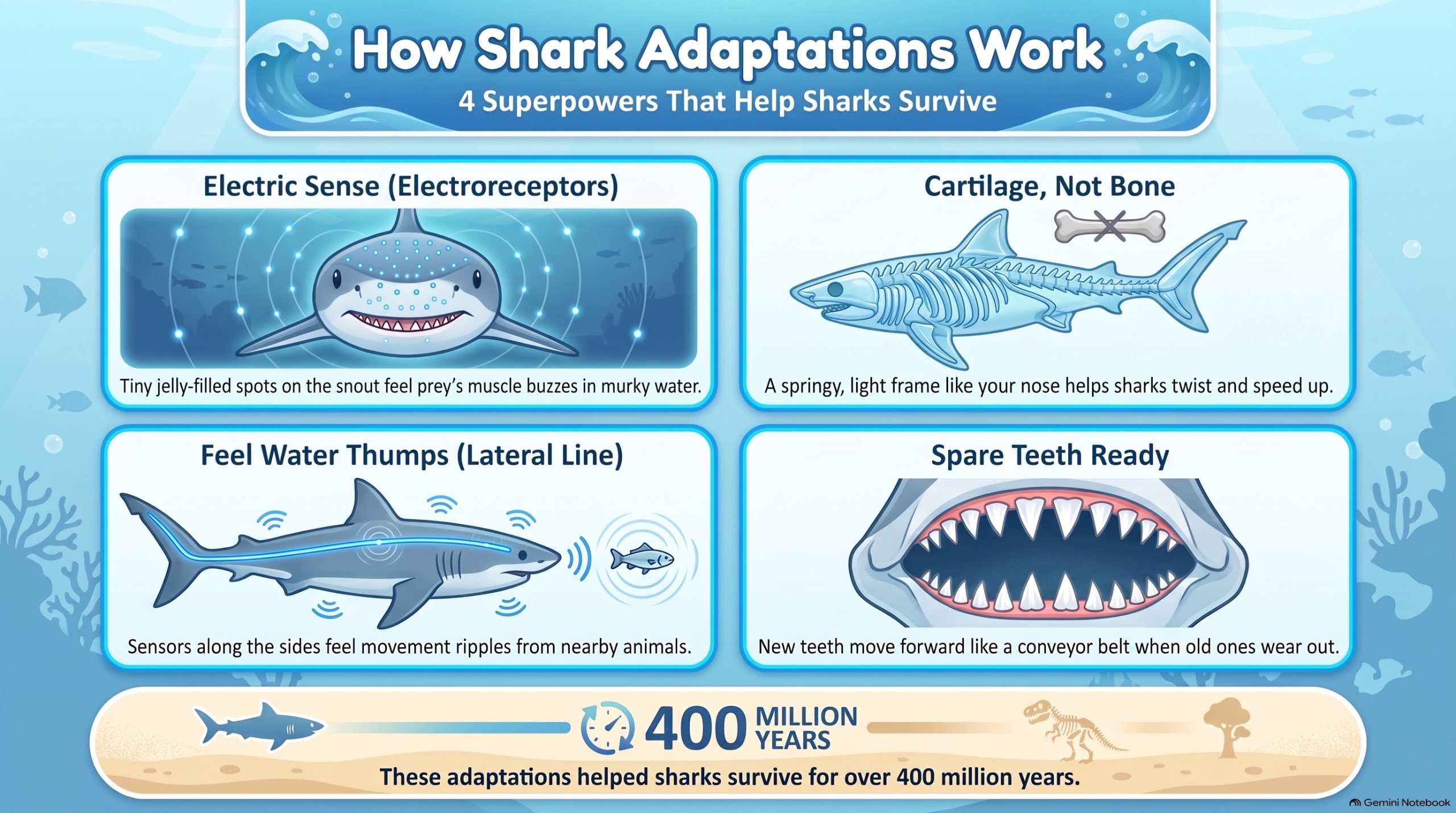 Infographic showing four shark adaptations: electric sense, cartilage skeleton, lateral line, and tooth replacement