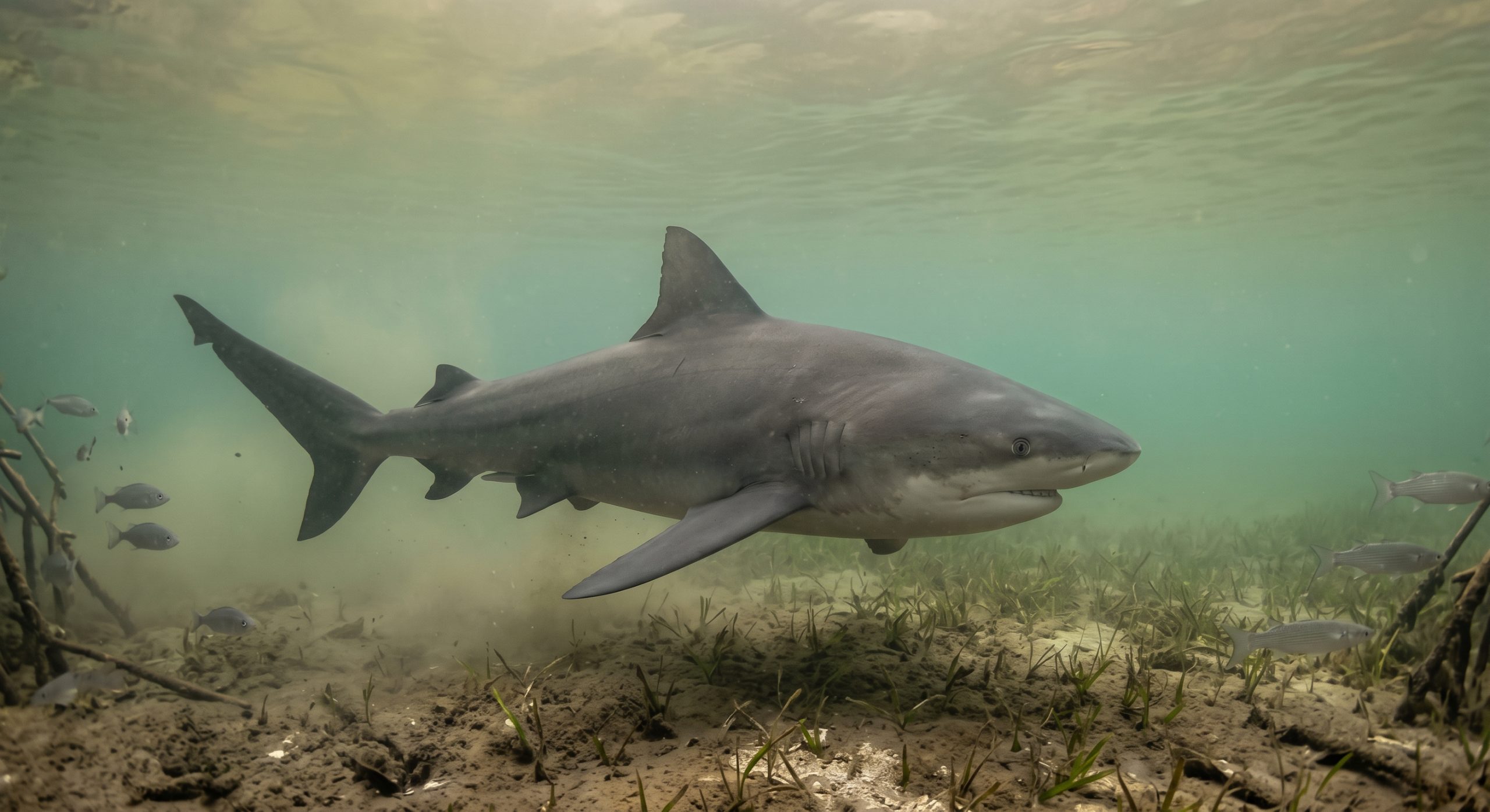 A bull shark swimming through shallow murky estuary water near seagrass
