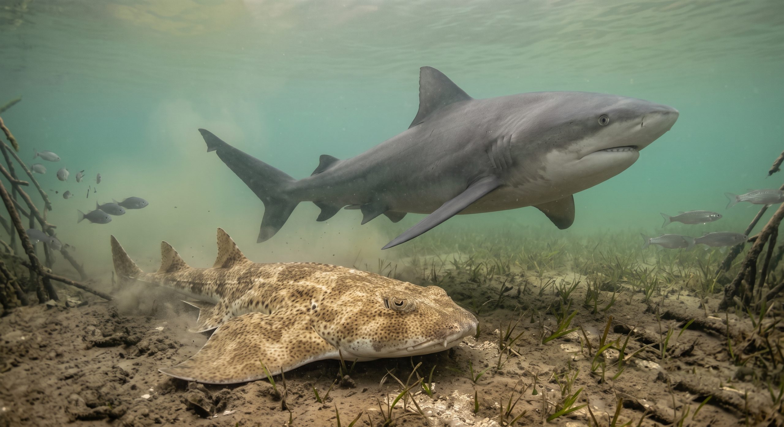 An angel shark camouflaged on a sandy seafloor while another shark swims nearby