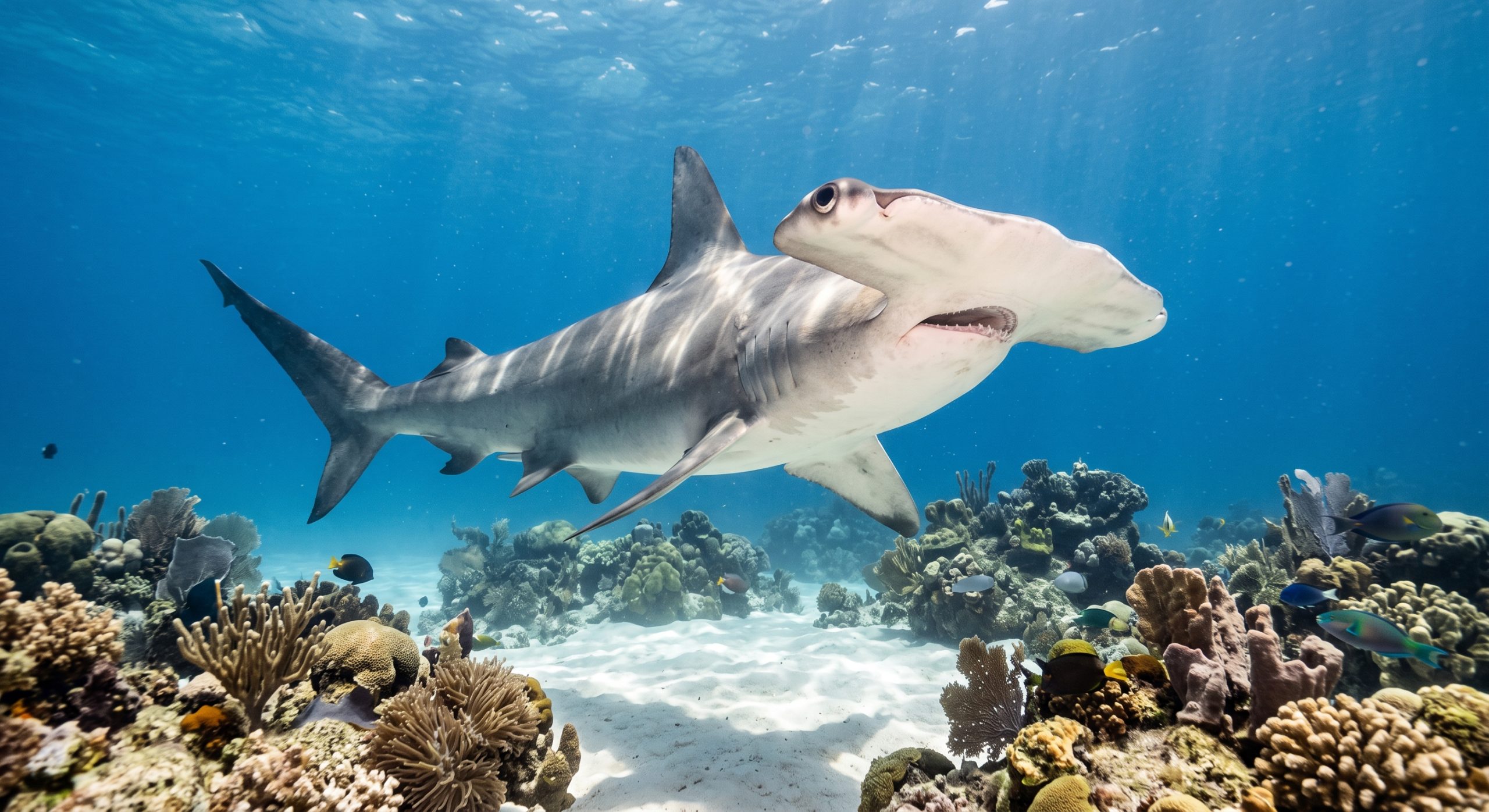 A hammerhead shark swimming above a sunny coral reef