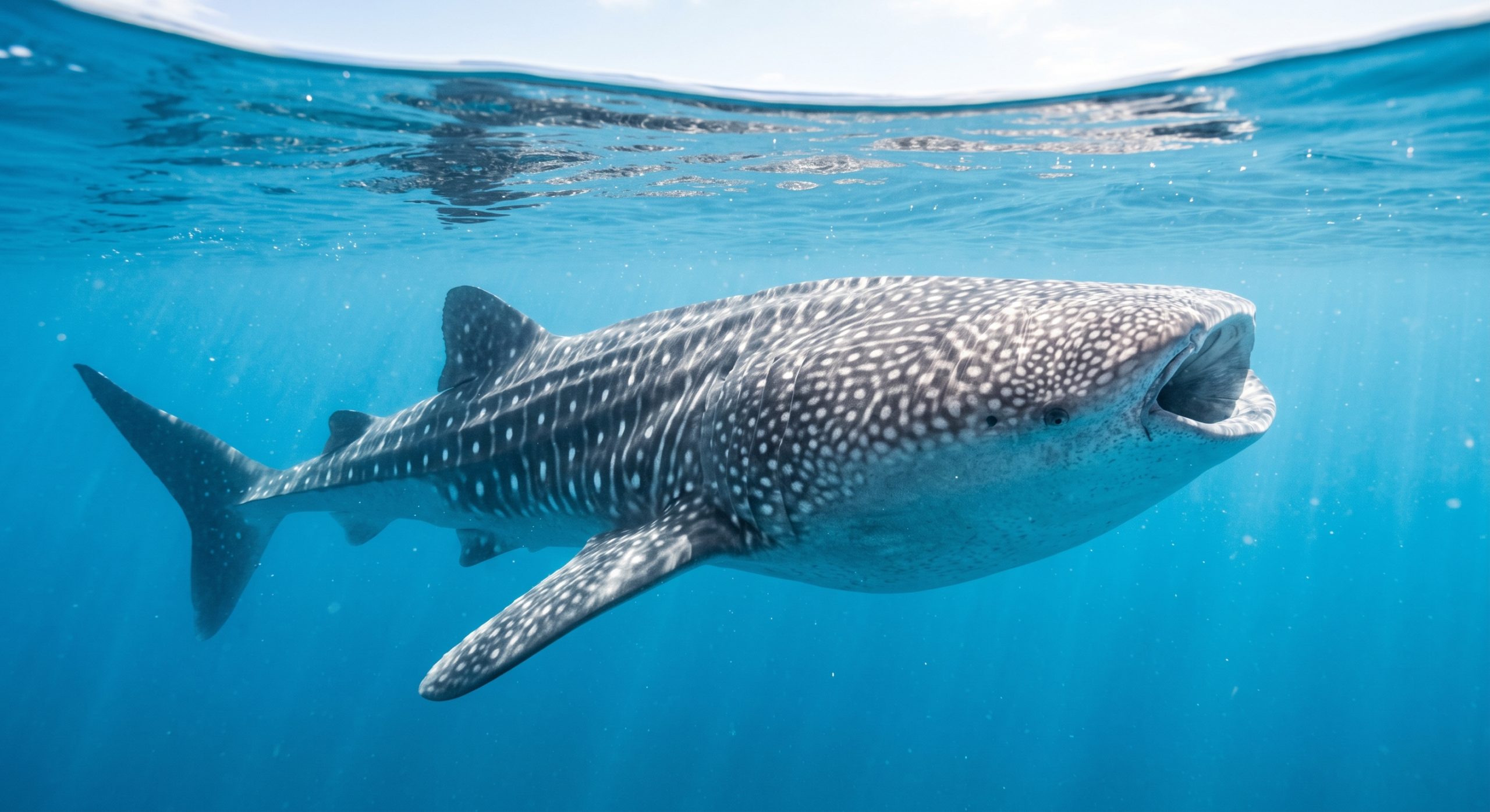 A whale shark swimming near the surface with its mouth open while filter feeding